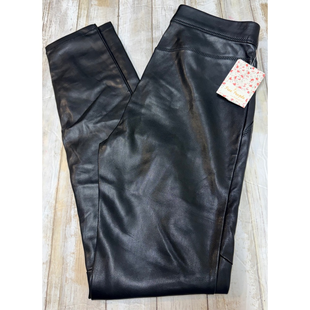 Free People Black Faux Leather Leggings High Rise Moto Seam OB614670 Size 24 NWT